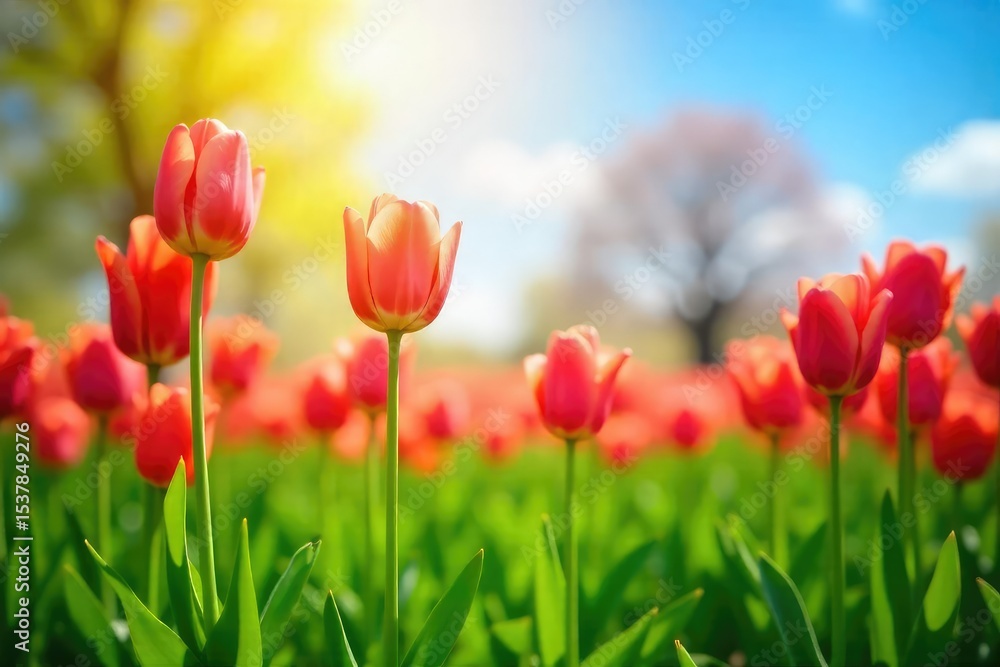 Fototapeta premium Vibrant tulips in full bloom, bathed in the warm sunlight of springtime Fresh green grass and a clear blue sky create a perfect pastoral scene, symbolizing renewal and growth , macro, colorful