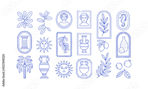 Vector illustration inspired by Mediterranean and Greco-Roman motifs, decorative frame—rectangular, oval, circular, or arch-shaped—with slight imperfections for a hand-printed, easily editable.