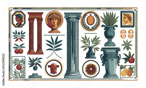 Vector illustration inspired by Mediterranean and Greco-Roman motifs, decorative frame—rectangular, oval, circular, or arch-shaped—with slight imperfections for a hand-printed, easily editable.