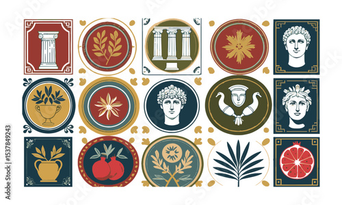 Vector illustration inspired by Mediterranean and Greco-Roman motifs, decorative frame—rectangular, oval, circular, or arch-shaped—with slight imperfections for a hand-printed, easily editable.