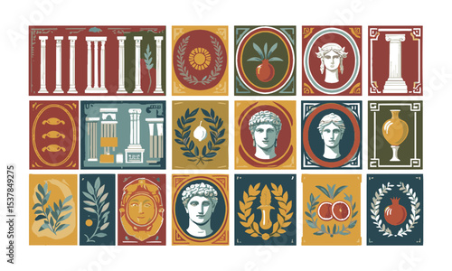Vector illustration inspired by Mediterranean and Greco-Roman motifs, decorative frame—rectangular, oval, circular, or arch-shaped—with slight imperfections for a hand-printed, easily editable.
