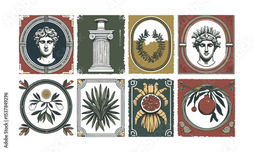 Vector illustration inspired by Mediterranean and Greco-Roman motifs, decorative frame—rectangular, oval, circular, or arch-shaped—with slight imperfections for a hand-printed, easily editable.