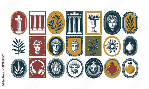 Vector illustration inspired by Mediterranean and Greco-Roman motifs, decorative frame—rectangular, oval, circular, or arch-shaped—with slight imperfections for a hand-printed, easily editable.