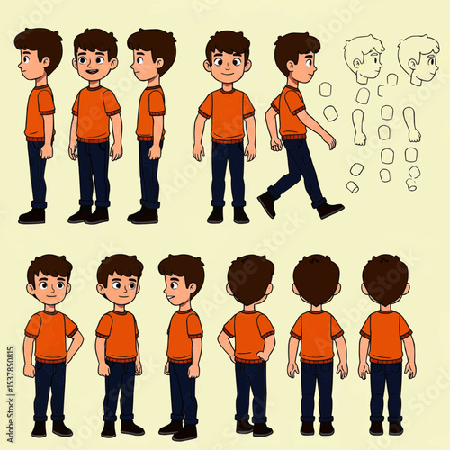 A character sheet illustrating a boy's poses and expressions.