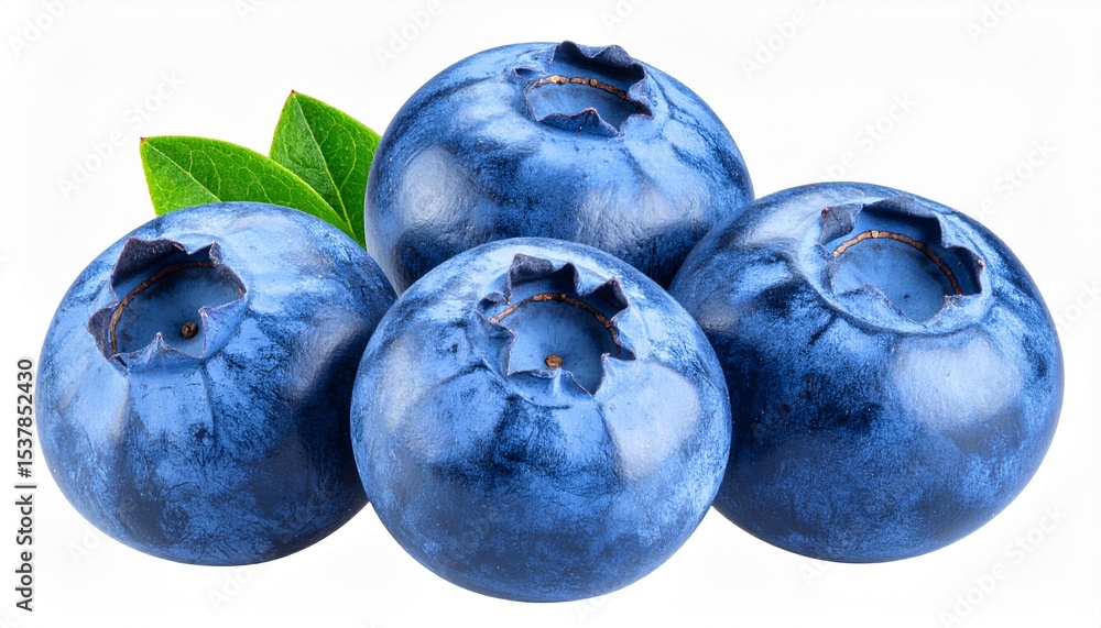 Obraz premium Blueberry isolated png. Blueberry with leaves on white or transparent background. Perfect retouched three blueberries with leaf no background. Png blueberry. Full depth of field.