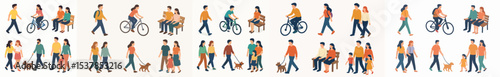 Vector Set outdoor activities people, walking, cycling, sitting, family time, dating