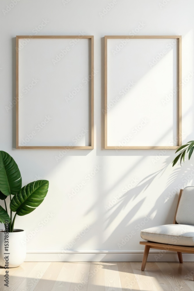Fototapeta premium Two vertical frame mockups, modern room setting, plants, vase, white wall , artwork, poster, simple