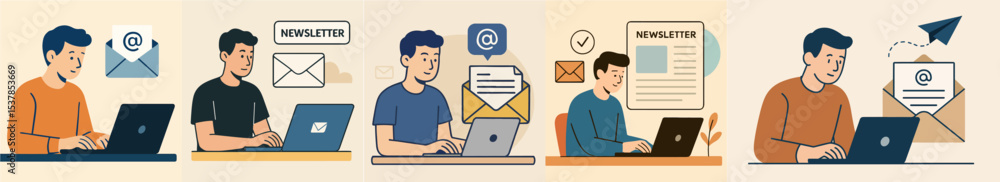 Minimalist Flat Style Man Working on Laptop Email Collection Newsletter Illustration
Minimalist Flat Style Man Working on Laptop Email Collection Newsletter Illustration