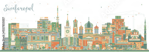 Simferopol Crimea city skyline with color buildings. Illustration. Simferopol cityscape with landmarks. Travel and tourism concept with modern and historic architecture.