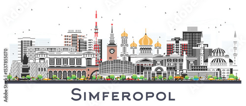 Simferopol Crimea city skyline with color buildings isolated on white. Simferopol cityscape with landmarks. Travel and tourism concept with modern and historic architecture.