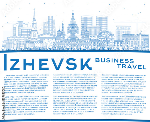 Outline Izhevsk Russia city skyline with blue buildings and copy space. Illustration. Izhevsk cityscape with landmarks. Business travel, tourism concept with modern and historic architecture.