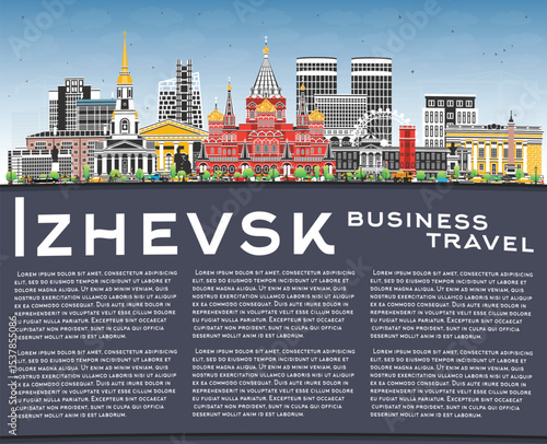 Izhevsk Russia city skyline with color buildings, blue sky and copy space. Illustration. Izhevsk cityscape with landmarks. Business travel, tourism concept with modern, historic architecture.