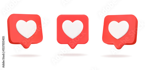 3d heart textbox, love social emoticons in minimal style in different angles, isolated on background. Love emoji icons in 3d vector. Vector illustration