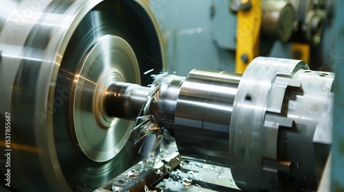 Close-up of steel turning operation on a CNC lathe, showcasing a stainless steel workpiece precision-cut by a carbide tool with chips flying and coolant spraying