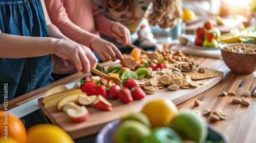 A family preparing healthy snacks for school. featuring fruits, nuts, and whole grain crackers
