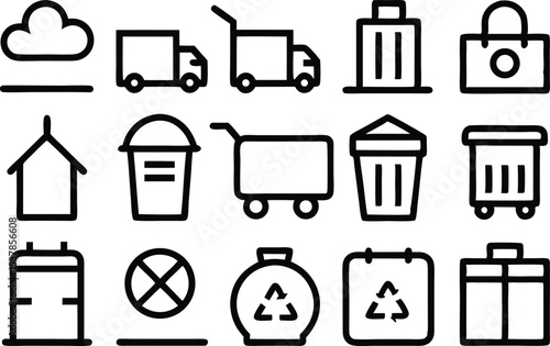 Outline icon set of packaging waste symbols isolated on transparent background