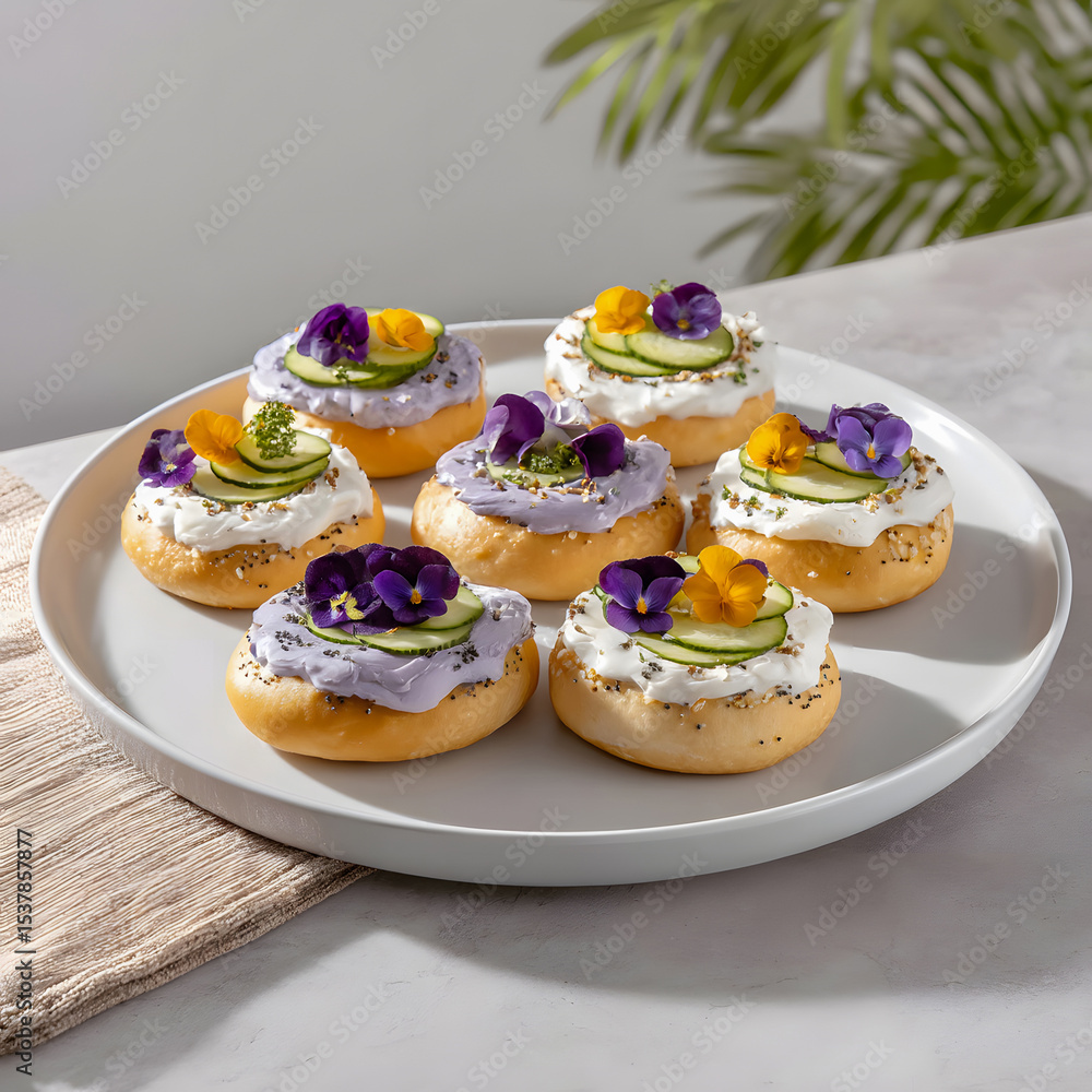 Delicious Cucumber and Cream Cheese Bagels Topped with Edible Flowers Delicious Cucumber and Cream Cheese Bagels Topped with Edible Flowers
