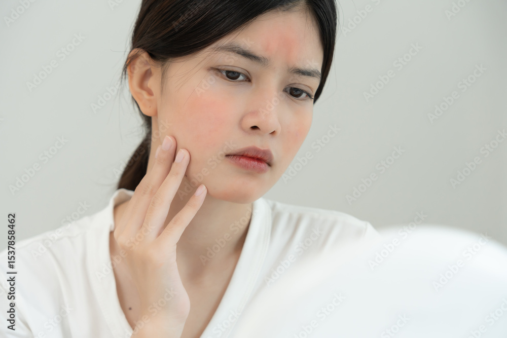 Young woman are worried about faces Dermatology and allergic to steroids in cosmetics. sensitive skin, red face from sunburn, acne, allergic to chemicals, rash on face. skin problems and beauty Young woman are worried about faces Dermatology and allergic to steroids in cosmetics. sensitive skin, red face from sunburn, acne, allergic to chemicals, rash on face. skin problems and beauty
