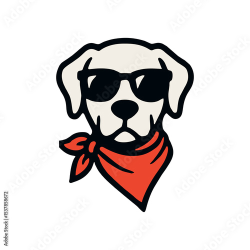 English: A stylish cartoon illustration of a dog wearing black sunglasses and a red bandana. The design gives a cool and fun vibe, suitable for pet brands or trendy logos.

