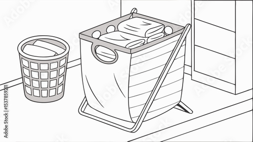 Monochrome Laundry Scene: Folded Towels in Hamper, Wicker Basket, Minimalist Illustration.