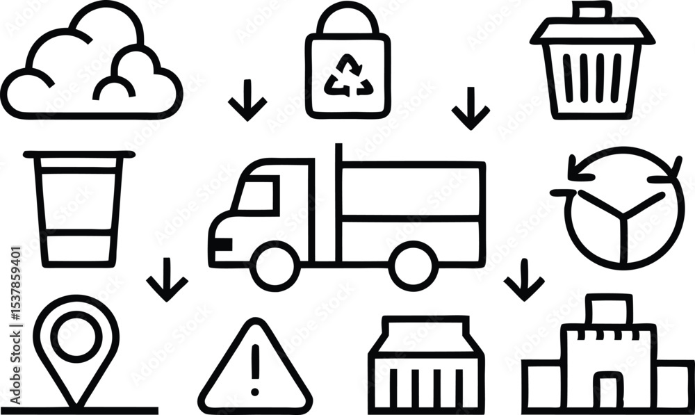 Outline icon set of packaging waste symbols isolated on transparent background Outline icon set of packaging waste symbols isolated on transparent background