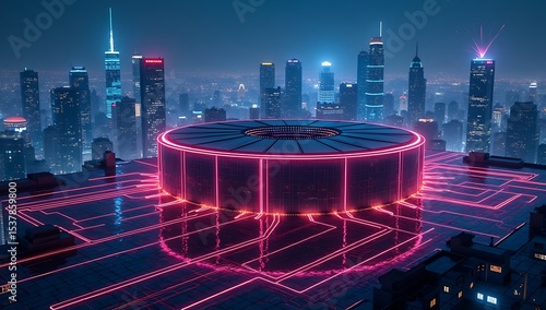 Futuristic electric substation glowing with neon wires and digital energy flow, set against a night city skyline with glowing data streams in the sky.

