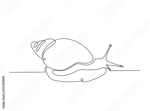 Snail in single outline illustration. Continuous line art drawing of garden snail. Editable stroke.