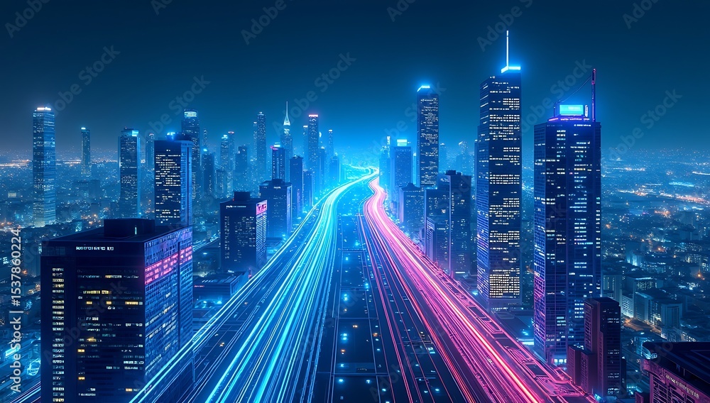 Obraz premium Conceptual illustration of a glowing smart city with animated power lines, connected buildings, and neon-lit circuits representing real-time energy flow and AI-driven systems.
