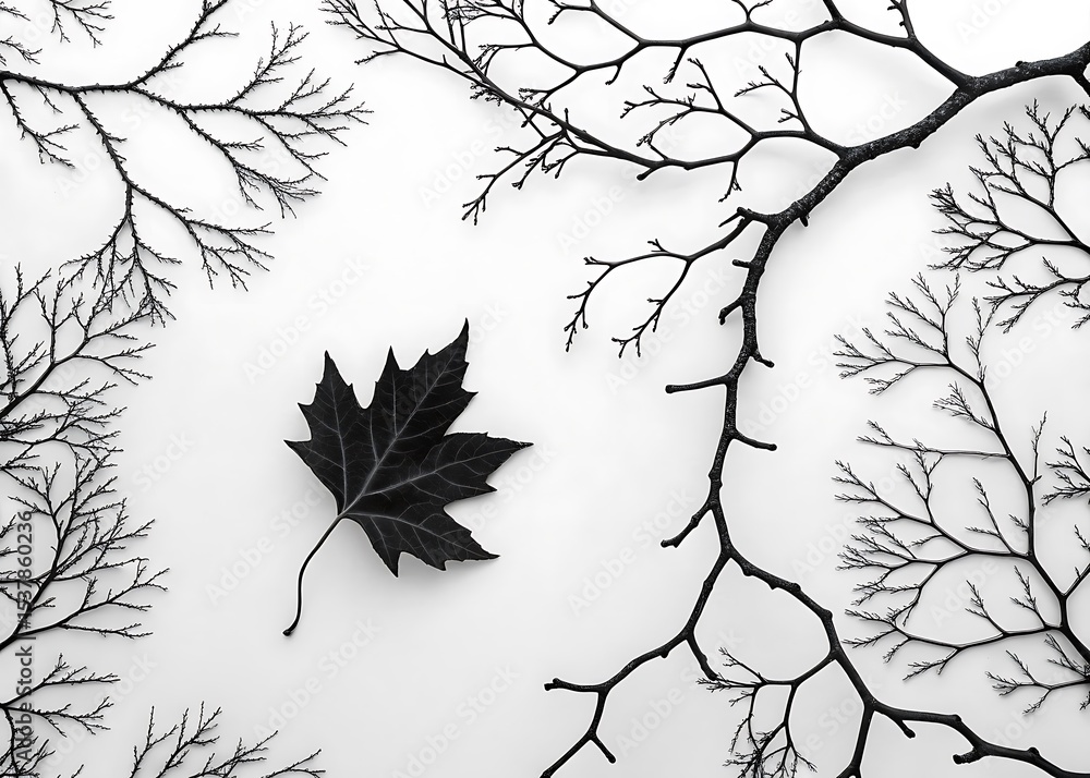 Black Branches and Single Leaf on White Background Black Branches and Single Leaf on White Background