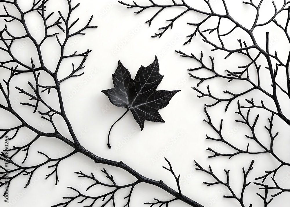 Black Branches and Single Leaf on White Background Black Branches and Single Leaf on White Background