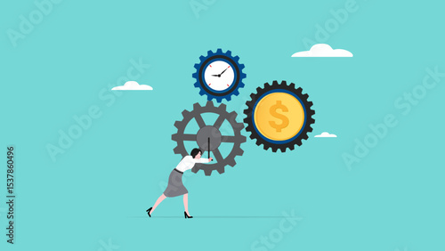 business driver, manager of business management or business strategy, business leadership skill, smart business woman turns gears to drive business turnover concept vector illustration