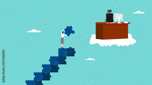 success step or progress to achieve a position or career success, career path or job promotion effort, strategy to achieve target, business woman making ladder from puzzle towards the target position