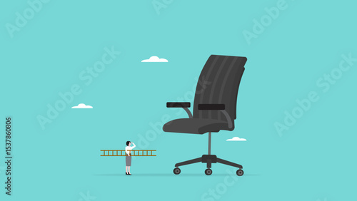 strategy to achieve success or target position, career development or target position effort, strategy to reach career success, confident business woman climbing a large office chair with stairs