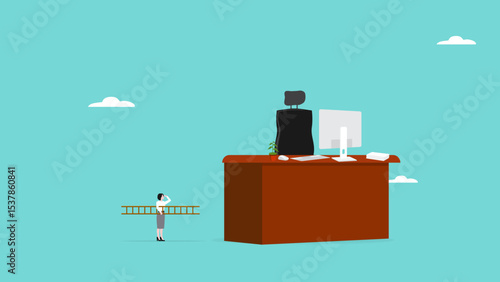 strategy to reach career success on work, management and effort to achieve goals or success, businesswoman with ladder preparing to climb large work desk