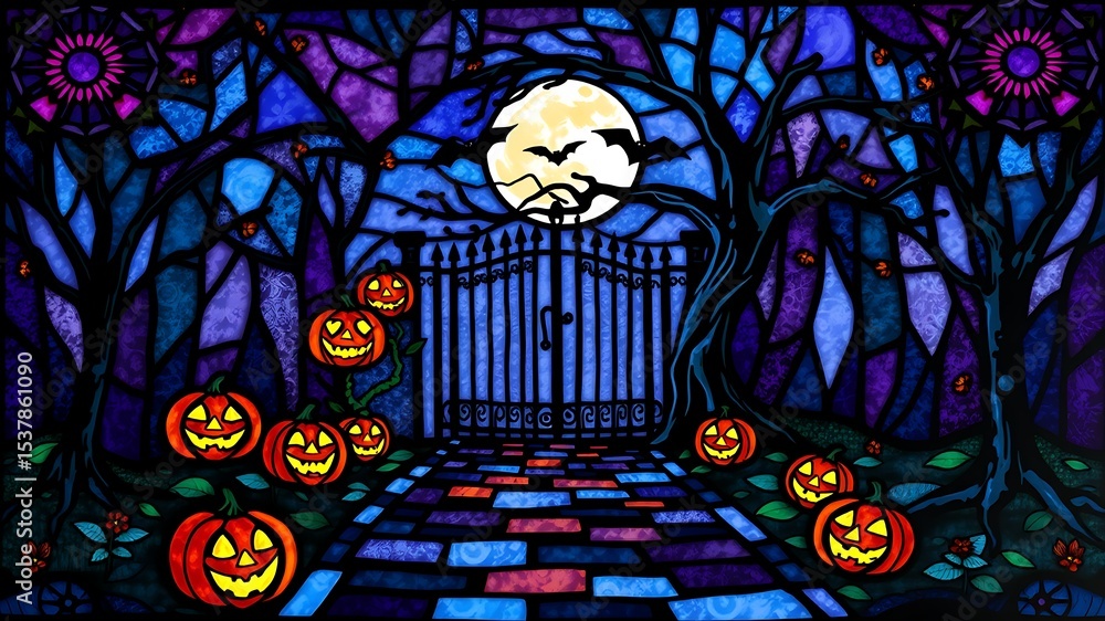 Halloween stained glass design featuring pumpkins moon bats and a spooky iron gate Halloween stained glass design featuring pumpkins moon bats and a spooky iron gate