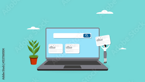 website development, create an online business site, build landing page homepage layouts for business growth, businesswoman bring web banner icons to build online site on computer laptop screen