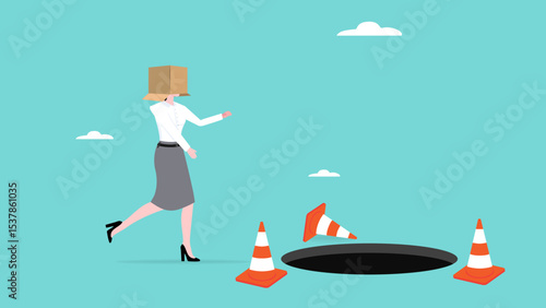 traps or business risks ahead, business woman with his face covered by a cardboard box is confused in determining the direction of the road