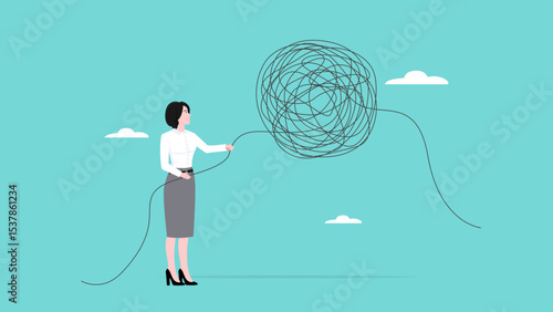 unravel complex problem, reduce business chaos problems by solving them gradually, business woman pulling messy strings to untangle problems concept vector illustration