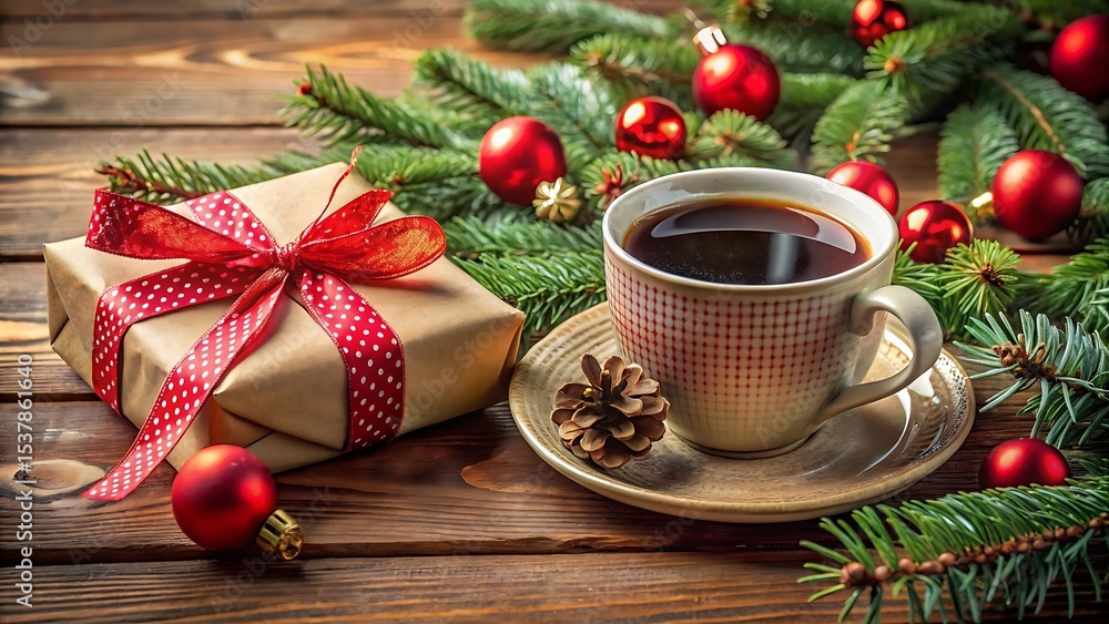 Christmas Morning Coffee with Gift Wrap and Decorations Christmas Morning Coffee with Gift Wrap and Decorations