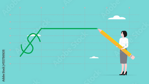 stock price rising up, business woman draws a graph of rising stock prices with a pencil concept vector illustration