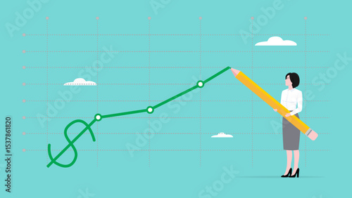 stock price rising up, business woman draws a graph of rising stock prices with a pencil concept vector illustration
