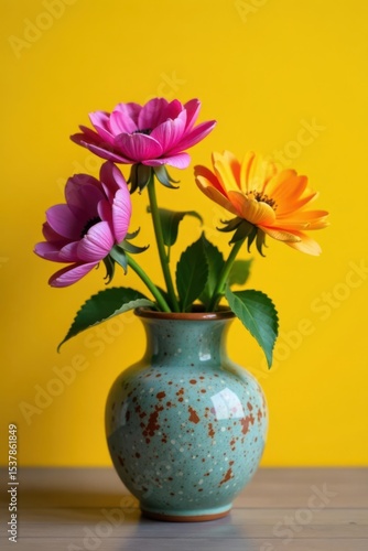 Wallpaper Mural Stunning trio of colored flowers in aged ceramic vase; yellow wall backdrop , texture, home decor, summer flowers Torontodigital.ca