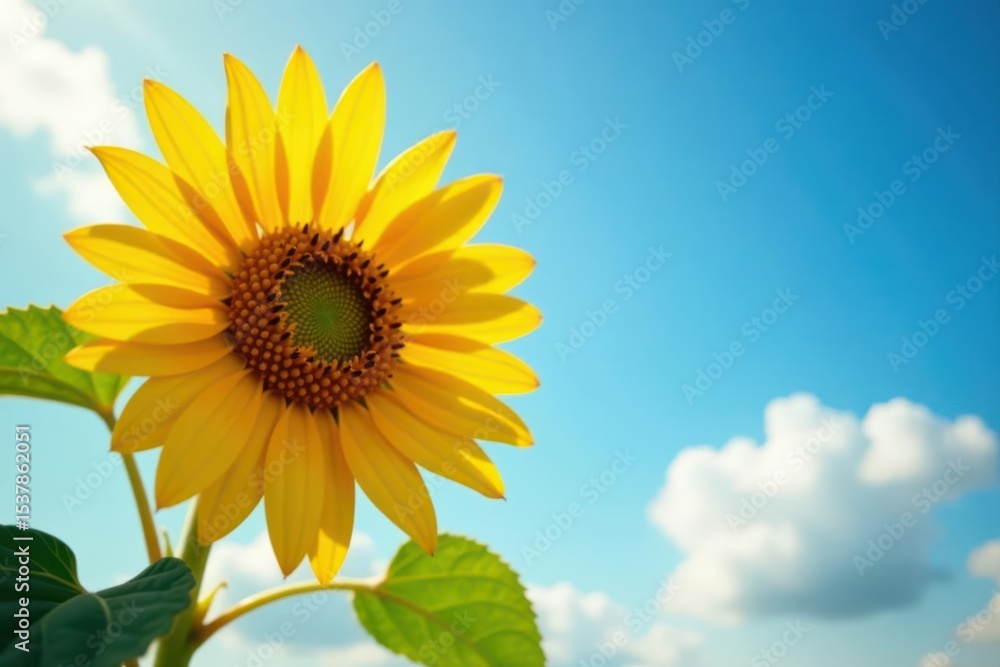 Sunlit sunflower blossom detail against a clear blue sky with clouds , blue, background Sunlit sunflower blossom detail against a clear blue sky with clouds , blue, background