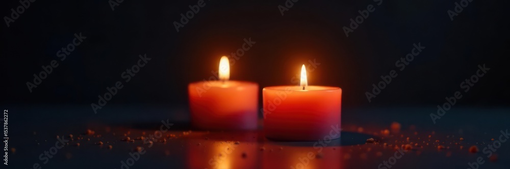 Two candles, one lighting the other, in complete darkness , renewal, hope Two candles, one lighting the other, in complete darkness , renewal, hope