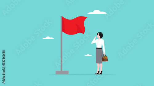 Red flag warning to be careful for business or economic, smart business woman who is careful of red flags a symbol of business or economic disaster