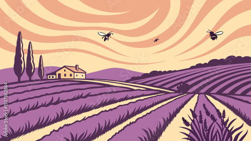 Lavender Field Landscape: Bees, Farmhouse, Cypress Trees, Swirling Sky, Purple and Beige.