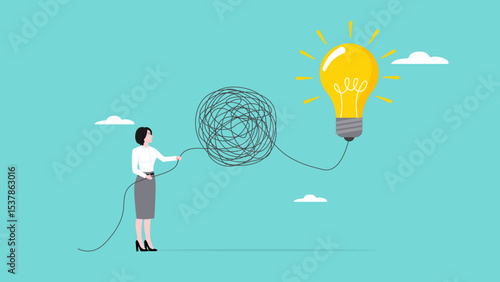 Process emotions to clear your mind, remove barriers to focus, creative business woman untangles messy lines to find lightbulb idea