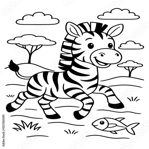 A zebra gallops across the savannah, illustrated in clean black-and-white line art, perfect for a children's coloring page.