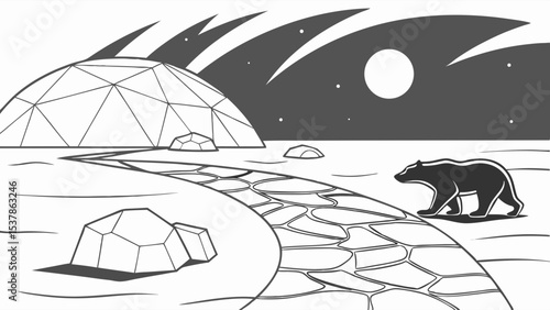 Geometric Dome, Stone Path, and Bear Silhouette Under a Starry Sky.