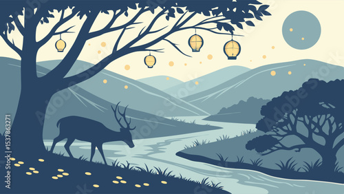 Tranquil Lunar Landscape: Deer, River, and Hanging Lanterns in Blue Tones.